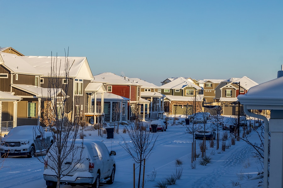 Panorama photo of newly constructed residential houses in Denver metro area.